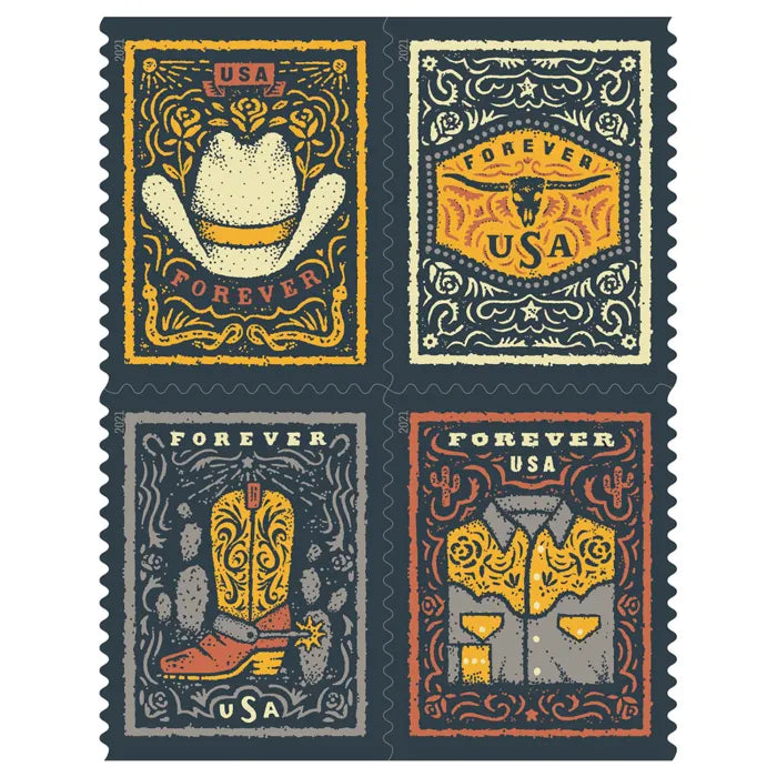 Western Wear (Cowboy Hat, Belt Buckle, Cowboy Boot with Spur, Western Shirt) Forever Postage Stamps